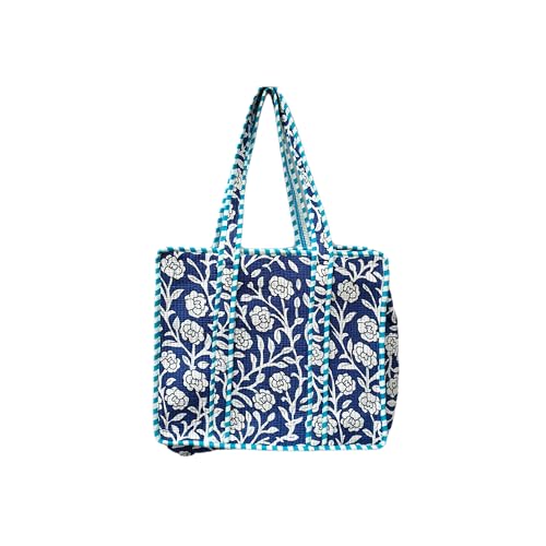 HandBlock - Bolsa de algodón acolchada estampada a mano, de algodón acolchado, reversible, grande, azul y blanco, hecha a mano con estampado de bloques indios
