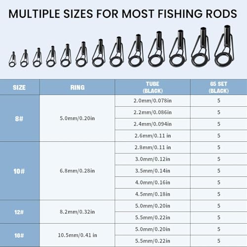 Image of 9KM DWLIFE Fishing Rod Tip Repair Kit, Black Stainless Steel, Wear Resistant Ceramic Ring, Guide Replacement 25 /35 /45 /60 /65pcs