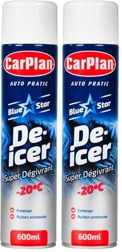 Image of CarPlan De-Icer Aerosol, 21 fl oz - Blue Star De Icer for Car Windshield, Fast-Acting Defroster for Windows, Works in Extreme Cold -20C (Pack of 2)