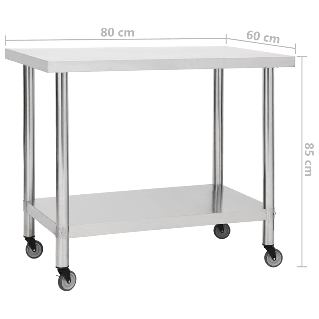 vidaXL Mesa de trabajo de cocina con ruedas 80 x 60 x 85 cm de acero inoxidable