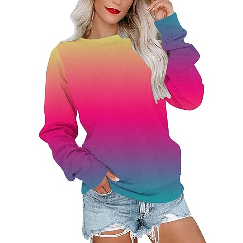 Regenbogen Langarmshirt Damen Bunte Farbverlauf Sweatshirt Rundhals Langarm Pullover Herbst Winter Leichte Shirt Teenager Mädchen Pulli Tops...
