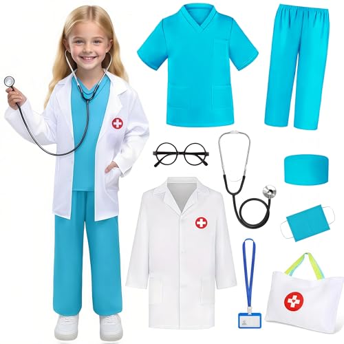 Wbesty Costume de médecin pour enfants - 9 pièces - Tenue de jeu de rôle avec sac - Déguisement pour Halloween, jeu de simulation - Bleu, 3 à 4 ans