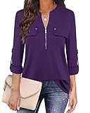 Siddhe 3/4 Sleeve Shirts for Women, Purple Business Dressy Casual Blouses Women Trendy Tops Zip Fron