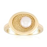 Cavill Akoya Perlenring Damen 6mm Japanische Akoya Perle 925er Sterling Silber vergoldet Breiter Ovaler Silberring mit Wellenstruktur Weißer Rundschliff Schmuck für Damen Gr. 16-19