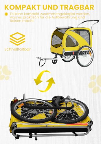 Hunde Fahrradanhänger XL, 2 in 1 Hundeanhänger & Jogger mit Reflektor und Bremse, 600D Oxford Canvas, maximale Belastung 40kg-Gelb