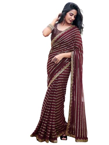 Image of Satrani Women's Georgette Sequence Work Saree with Unstitched Blouse Piece