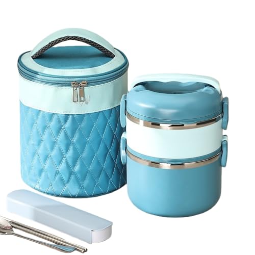 EVREFIN弁当箱保温弁当箱二段三段箸とスプーン付き真空断熱子供大人女性男性通用通学アウトドア用食器送り丸型弁当箱サラリーマン携帯多段保温弁当箱大容量304ステンレスご飯付き (青,1800ml(食器送り+保温袋))