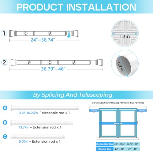 Image of 4 Pack Spring Tension Curtain Rod 24-46 inch, Adjustable Expandable Tension Curtain Rod No Drilling, Tension rods for Window Doorway Kitchen Curtain, White