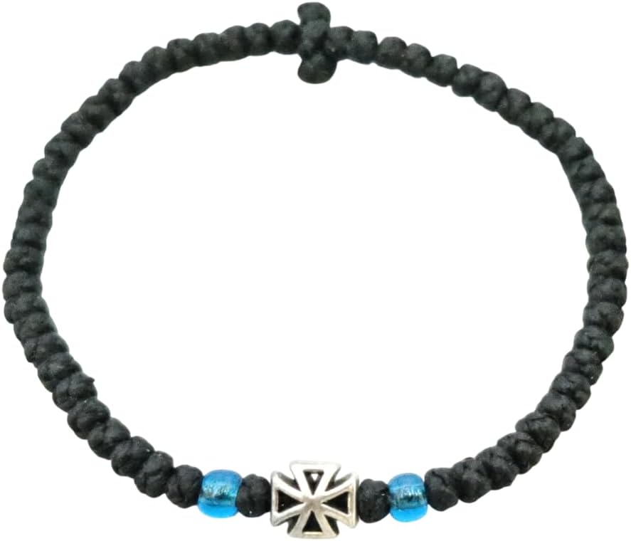 Mastic of Chios Blessed Handmade Greek Christian Orthodox Waxed Prayer Rope from Mt.Athos (Komboskoini Chotki) Thin Black with cross and beads Fragrance With Holy (Chrism- Myrrh)