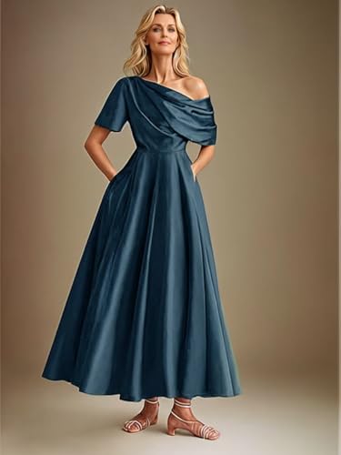 Women's Satin Mother of The Bride Dresses Off Shoulder A-Line Tea Length Formal Dress with Pockets3
