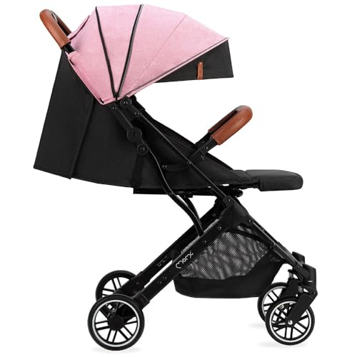 MoMi ESTELLE Kinderwagen ab 6. Monat (bis 15 kg), klappbarer Buggy mit 5-Punkt-Sicherheitsgurt, Einkaufskorb und Liegefunktion, Teleskop-Stange zum Ziehen, steht nach dem Zusammenklappen