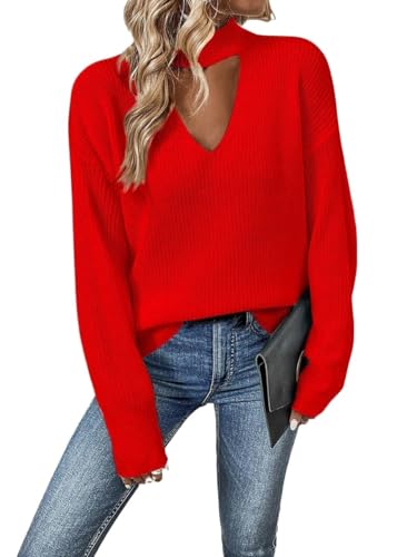 Women Pullover Rib-Knit Long Sleeve Sweater Choker Neck Drop Shoulder Sweaters Clothes Tops4