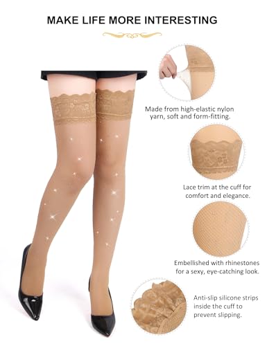 ohyeahlady Womens Rhinestone Fishnets Thigh High Stockings Plus Size Lace Top Sparkle Tights for Women Sexy Pantyhose XS-5X4