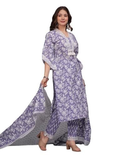 Image of Amayra Women's Pure Cotton Printed Straight Kurta Set with Palazzo Pants & Dupatta- Ethnic Wear, Purple