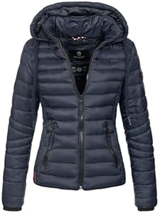 Navahoo Damen Steppjacke XS-XXL leichte Übergangsjacke mit abnehmbarer Kapuze, wasserabweisend, taillierter Schnitt B650 (L,Navy)