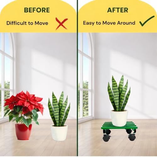 Image of Square Metal Plant Caddy with Wheels - Rolling Plant Stand for Indoor & Outdoor Planters, Rust-Resistant, Smooth Mobility Plant Stand for Balcony Garden Home (Green, Pack of 4)