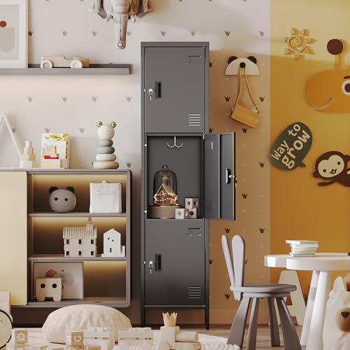 Image of SUPEER Metal Locker with Hooks and Ventilation Holes,Metal Storage Locker with Keys and Business Card Slot for Home,Gym,Garage,School,Office,66 inch Hx15.75 inch Wx 15.75 inch D,Assembly Required,Black