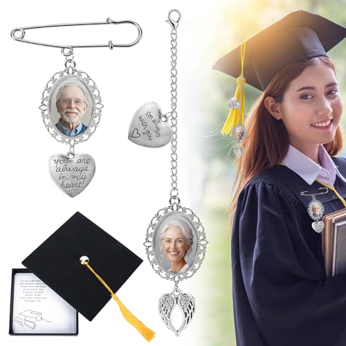 Graduation Memorial Tassel Photo Charm Gift Set 2-in-1 Brooch & Tassel Charm for Graduation Cap Always With You Keepsake with Card & Graduation Hat Gift Box Class of 2026 (1Pcs Brooch Pendant and 1Pcs Pendant)