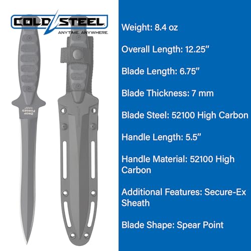 Image of COLD STEEL Drop Forged Wasp Dagger 52100 Steel Single-Piece 6.75 inch Spear Point Blade 5.5 inch Handle Fixed Blade Knife w /Secure-Ex Sheath | Single-Piece Drop-Forged 52100 High-Carbon Double-Edged Spear-Point Blade 6.75, 5.5 Handle, Secure-Ex Sheath, ~8.4 Oz