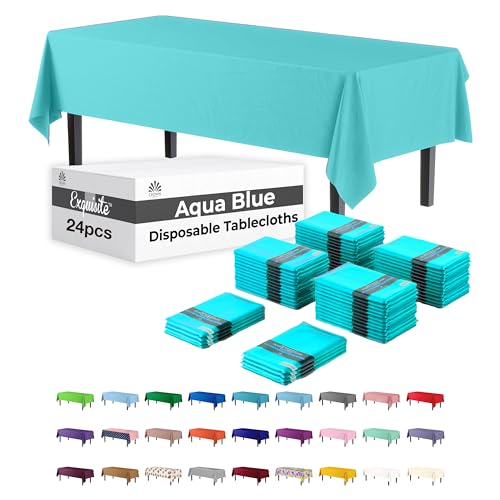 Image of Party Solids Aqua Blue Rectangular Plastic Tablecloth - 54x108 Inch, Pack of 24