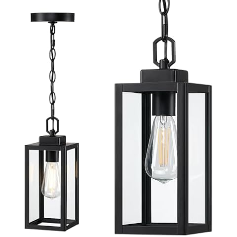 Revtronic Outdoor Pendant Light, Adjustable Matte Black Ceiling Light Fixture with Clear Glass Shade, Modern Farmhouse Indoor Lighting for Kitchen Island, Porch, Entryway, Front Door, Patio Cover