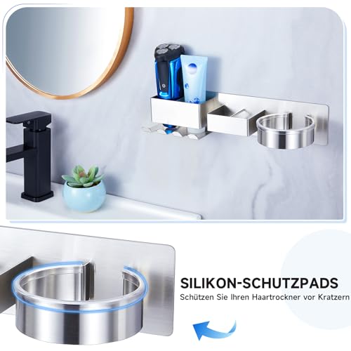 YYBO Föhnhalter Wand Ohne Bohren, Fönhalter Wandhalterung, Föhn Halterung für Föhn und Glätteisen Halterung, Fönhalterung mit Fächern & Kabel Aufbewahrung, Haartrocknerhalter für Bad (Silber)