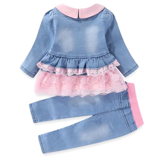 Image of Peacolate 6M-4Years Spring Fall Baby Girls Clothing Set 3pcs Long Sleeve Dress Denim Jacket and Jeans