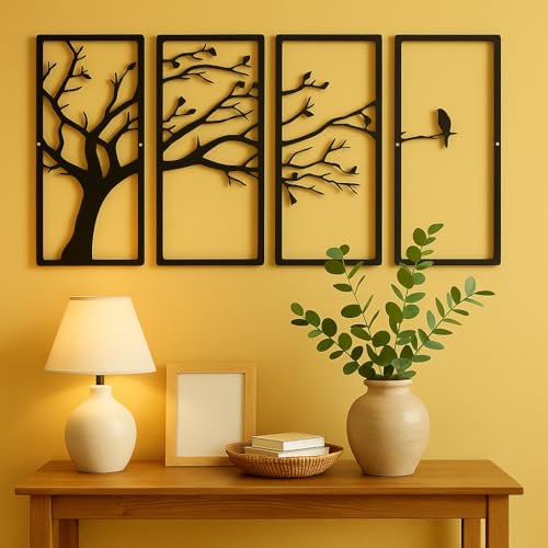 Image of Trocshop Modern 4-Piece Tree Wall Art Panel Set | Branch & Birds Design | MDF Wooden Wall Hanging | 3D Matte Finish | Items For Living Room /Bedroom /Drawing Room /Dining Room | 40x22 cm Each - Black