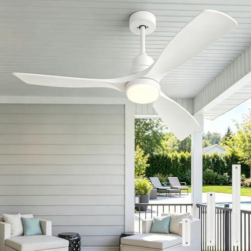 Forrovenco Ventilador de Techo con Luz y Mando a Distancia, Ventilador Techo Exterior de 132 cm con Lámpara LED, Motor DC, 6 Velocidades, Temporizador, para Interior y Exterior, 132 cm, Blanco