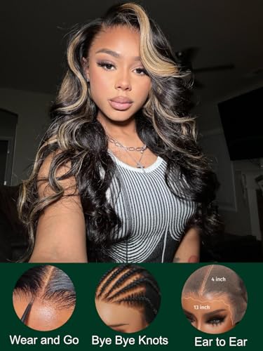 Image of KLAIYI Bye Bye Knots Glueless Wig Human Hair 13x4 Balayage Highlight 3D Body Wave Precut Lace Front Wig with Baby Hair Black Mix Blonde Brown Pre Plucked Pre Bleached Knots Wig 30S Easy to Wear 24Inch