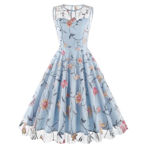 Image of Tulle Embroidery Floral Dress for Women Sleeveless Mesh Flower Embroidered Tulle Prom Dress Summer Wedding Tea Party Dress