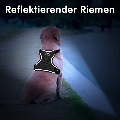 PoyPet Reflektierendes, weiches, atmungsaktives Hundegeschirr aus Mesh, erstickungsfreie, doppelt gepolsterte Weste mit verstellbarem Hals und Brust(Schwarz,M)
