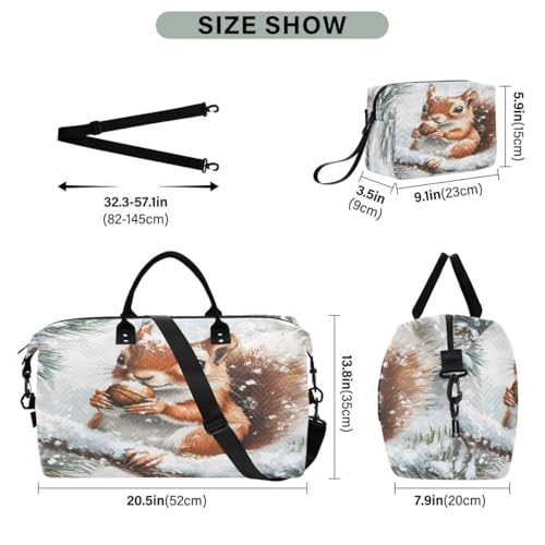 Red Squirrel Pine Leaf Travel Duffle Bag Gym Bag Weekender Bags with Toiletry Bag Travel Trip Tote Bag3