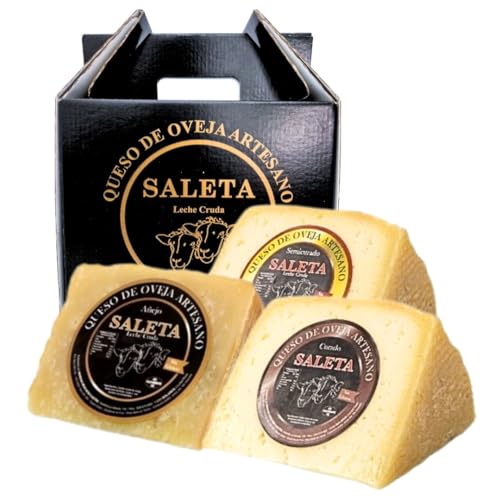 SALETA® Cesta Quesos Gourmet Regalo | Queso Oveja de La Mancha | 3 Cuñas Queso Semicurado, Curado, y Añejo | Surtido de quesos para regalar 'Pack Tradicional 750 gr'