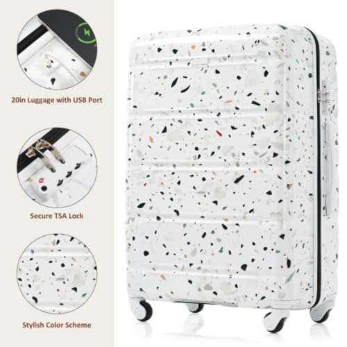 Travel Trolley Suitcase Three Piece Set, 20 Inches with USB Port, Airline Certified Carry-on Luggage, ABS+PC Hard Shell Suitcase with Universal Wheels, Starry White3