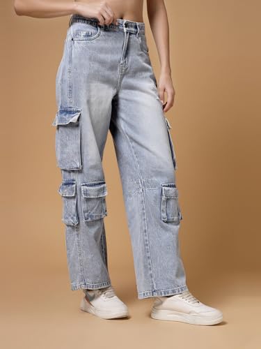 Image of Cargo Blue Jeans for Woman | Straight Cargo Pants with Multiple Pockets | High Rise Denim Jeans for Women