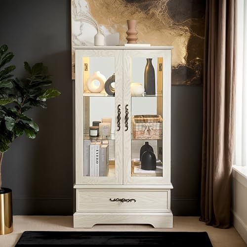 CKEASEAN 47\" Curio Cabinet Accent Display Cabinet with 3-Tier Adjustable Glass Shelves, Mirrored Back Panel & Tempered Glass Doors Vintage Lighted China Cabinet for Living Room (White)