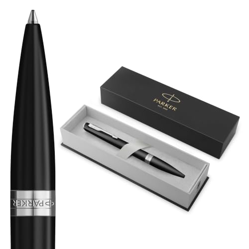 PARKER Meridian Penna a sfera | Lacca nera opaca con rifiniture cromate | Punta media | Penna da scrittura e Materiali per Cancelleria | Inchiostro blu | Confezione regalo di lusso