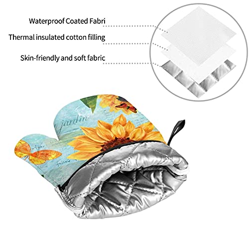 Oven Mitt And Pot Holders Sets Of 4 Vintage Teal Sunflower Butterfly Kitchen Potholder Gloves Heat Resistant Non-Slip For Chef Baking Cooking Grilling Bbq Mittens #TOP6