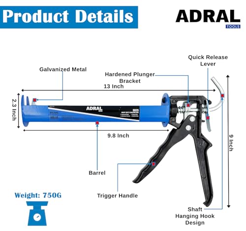 Image of Ultimate Heavy Duty 9-Inch Caulking Gun | 750g | 16:1 Thrust Ratio | Extra Heavy Aluminium Handle | Steel Trigger | MIG Welded Steel Barrel | Dual Hardened Plunger Brackets | U-Type Rod