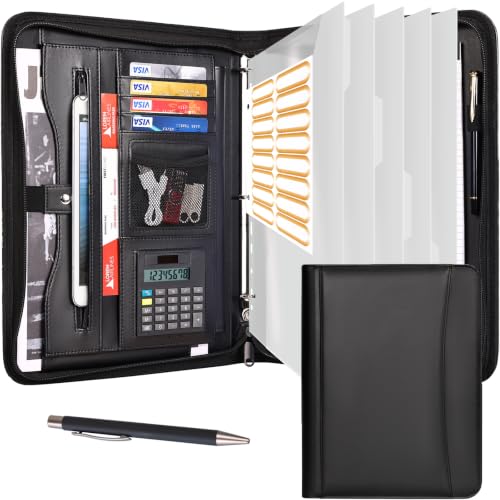 Image of Eshow Portfolio Organizer - 3 Ring Binder with Zipper, Vegan Leather Business Padfolio Folder with Notepad Includes 5 Clear Sheet Protectors for Documents Files for Men Women