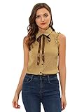 Allegra K Damen Kariert Ärmellos Umlegekragen Panel Fliege Rüschen Karo Shirt Bluse Gelb Braun S