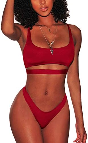 FAFOFA Woman's 2PCS Bikini Swimsuit Scoop Neck Crop Tank High Cut Thong Bottom Outfit Swimwear