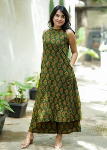 Image of Nermosa Women Pure Cotton Kurta Palazzo Set | Sleeveless Printed Kurta with Palazzo Pants | Summer Friendly, Office Wear Co-Ord Set