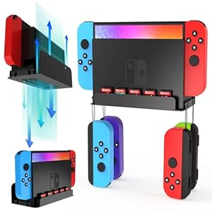 Switch Wall Mount Kit for Nintendo Switch and Switch OLED, Metal Switch Dock Console Holder Stand with 5 Game Card Holders and 4 Joy Con Hanger, Safely Store Switch Console Near or Behind TV, Black