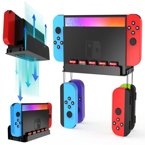 Switch Wall Mount Kit for Nintendo Switch and Switch OLED, Metal Switch Dock Console Holder Stand with 5 Game Card Holders and 4 Joy Con Hanger, Safely Store Switch Console Near or Behind TV, Black