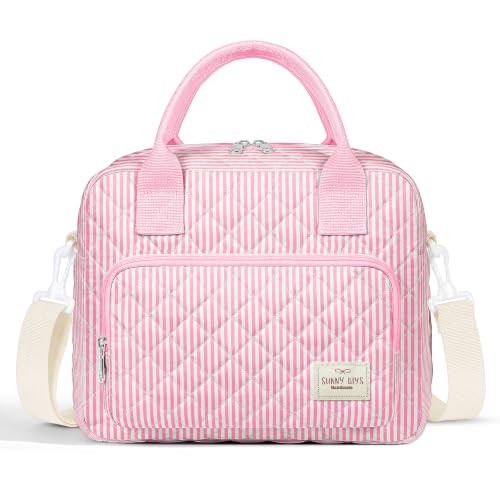 WOBAGMEN Quilted Lunch Box for Women, Insulated Lunch Bag for Adult, Cute Lunch Tote Bags for Work Picnic Travel (Pink Stripes, M)