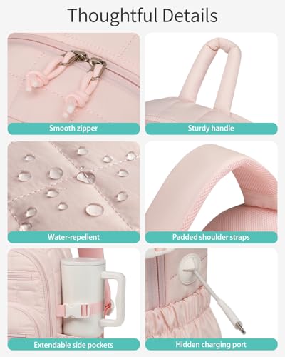 Image of Large Laptop Backpack for Women, Quilted College Bookbag with Tumbler Holder Pocket for Nurse Teacher Work Travel, Puffer School Backpack for Teen Girls Big Student, Pink