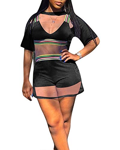 Womens Sexy 3 Piece Outfits - Short Sleeve Strap Stripe Rompers Crop Top Shorts Set with Mesh Cover Up Shirt Black