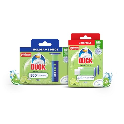 Duck Fresh Discs Toilet Cleaner Starter Kits Fights Stains That Harbour Germs Prevents Limescale Build Up Lime Starter Kit (1 Holder + 3 Refill Tubes)